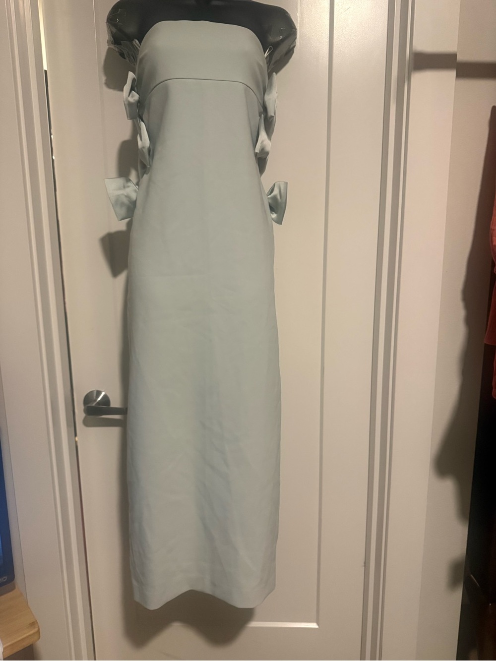 Zara Strapless Maxi Dress in Pale Mint with Side Bow Details looks grayish, blue
